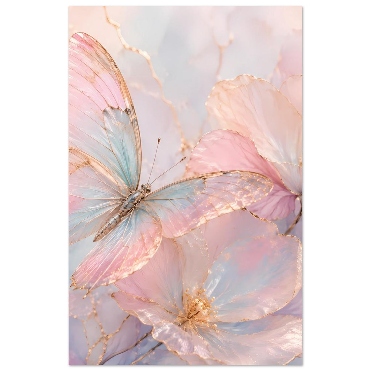 Aquarell-Poster mit Schmetterlingen in Rosé und Blau, mit goldenen Akzenten
