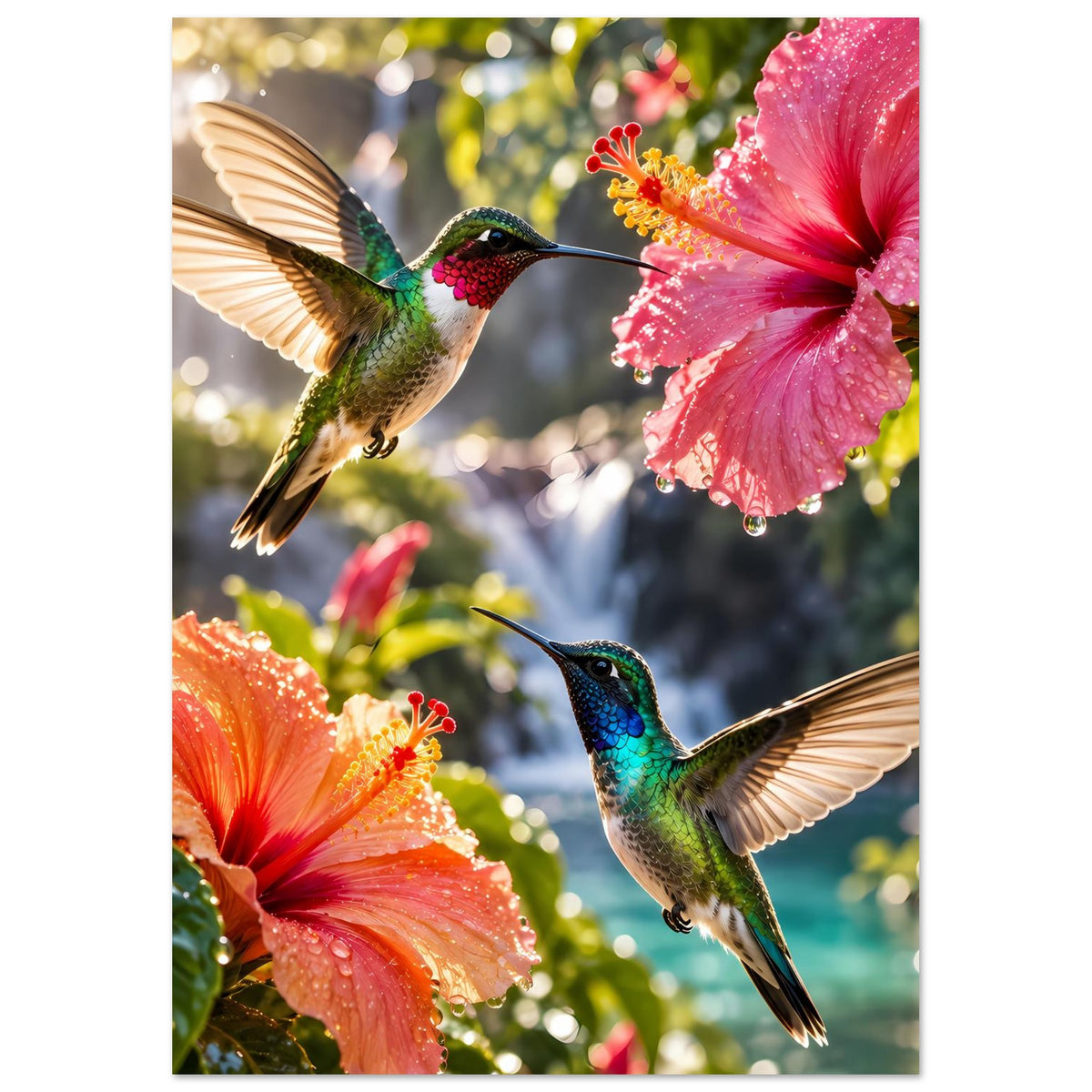 Poster im Hochformat: Kolibri mit großen Hibiskusblüten, Detailansicht mit Bildrahmen