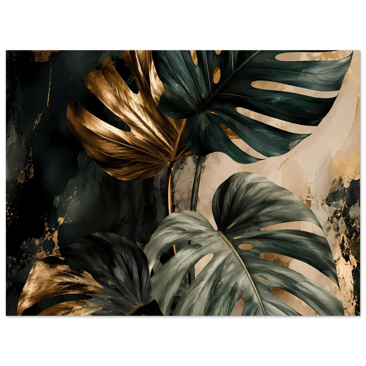 Poster im Close-up: Monstera-Blätter in Dunkelgrün mit goldenen Highlights und hellem Fleck.