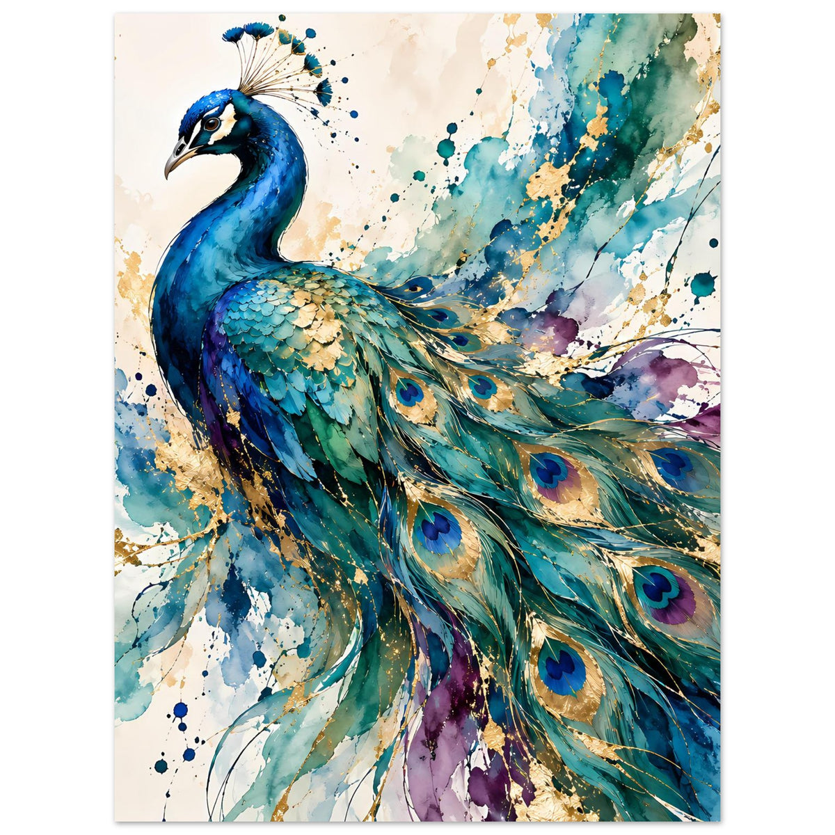 Pfauenmotiv-Poster mit blauem Pfau, grünen und goldenen Federn, Aquarell-Spritzer
