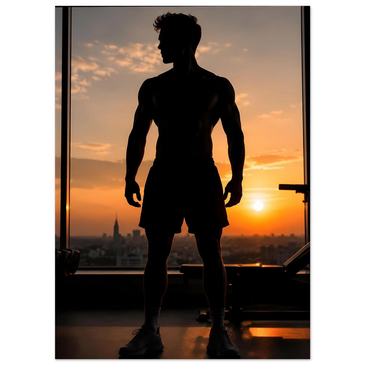Fitness-Poster mit dunkler Sportler-Silhouette frontal, Ganzkörperbild mit Abendsonne.