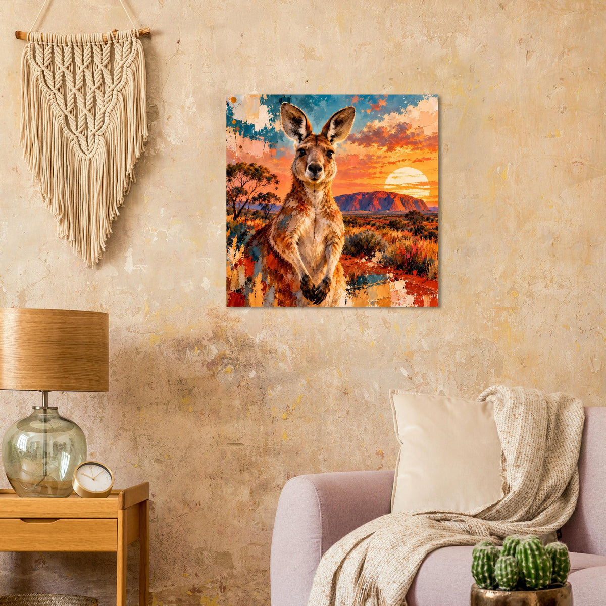 Quadratisches Poster mit Känguru im Sonnenuntergang, bunte Spritzoptik