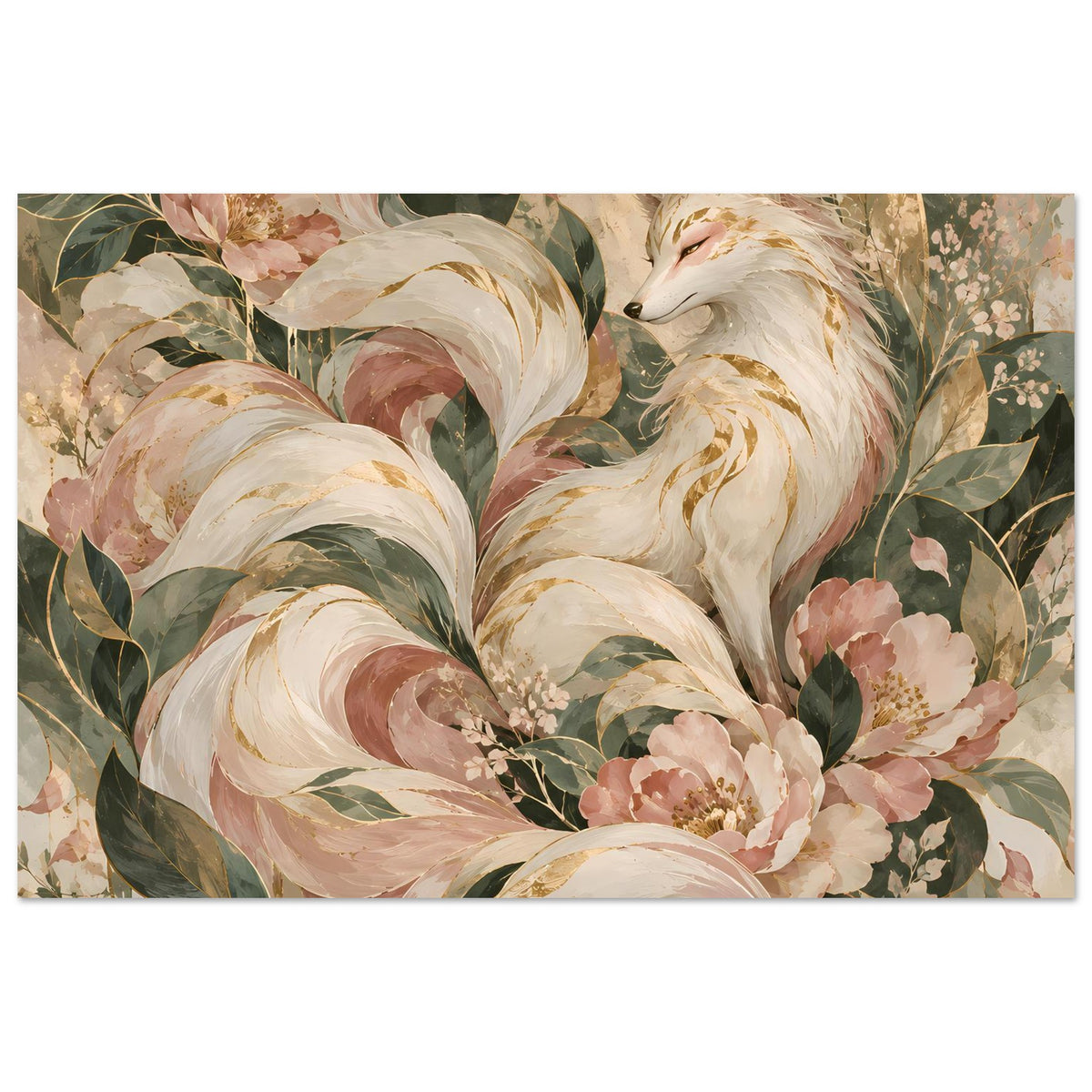 Poster mit Fuchsmotiv in Rosé-, Grün- und Goldtönen, querformatig
