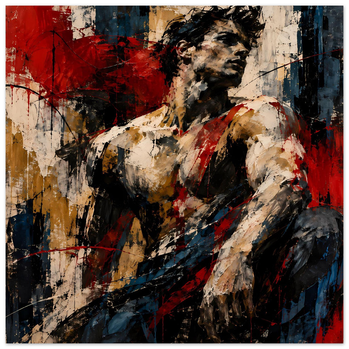 Abstraktes Muskelkunst-Poster mit Figur in Beige und Schwarz, rote und blaue Spritzer