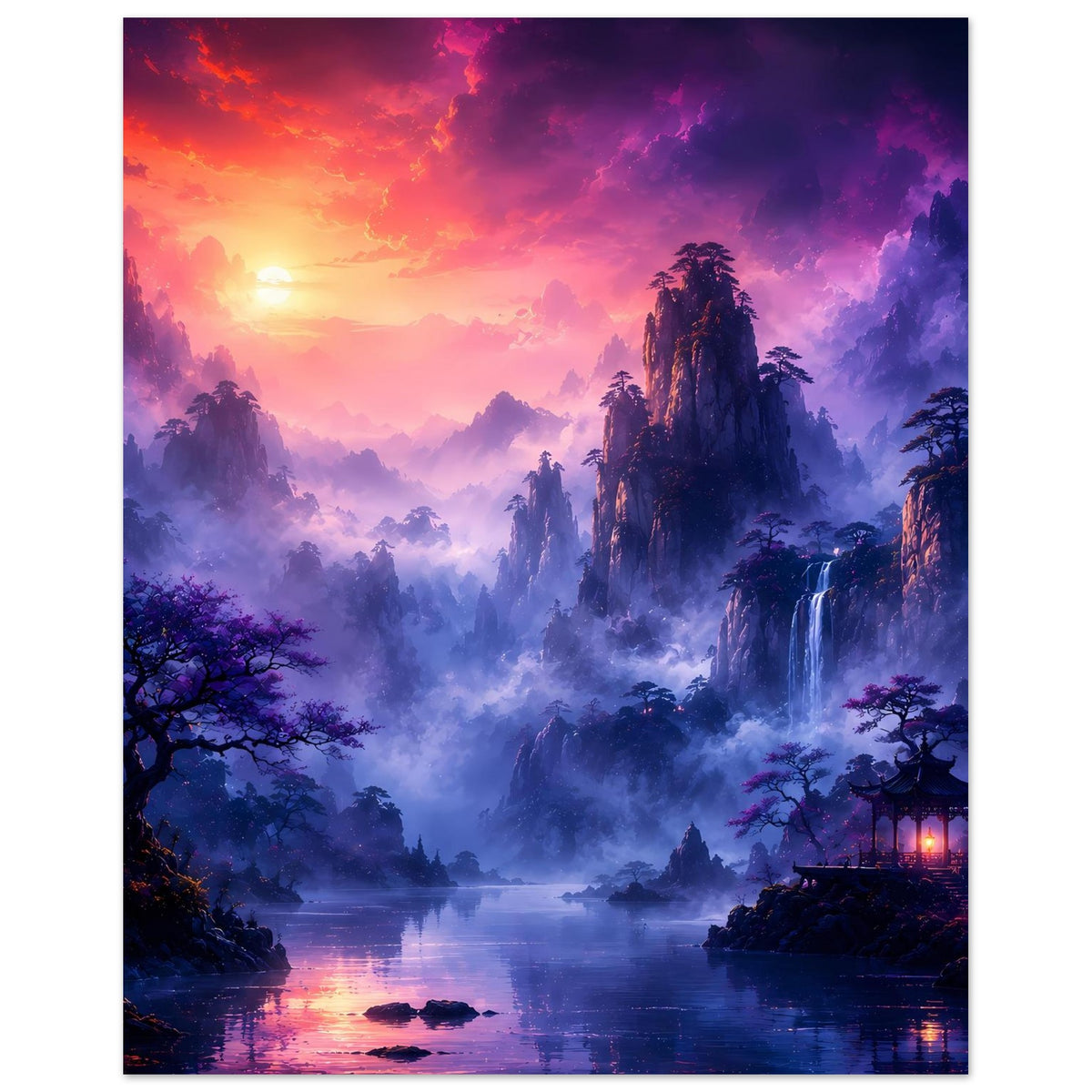 Fantasy-Poster mit violettem Nebel und Wasserfall, Seeufer mit Bäumen und flachem Lichtstreifen