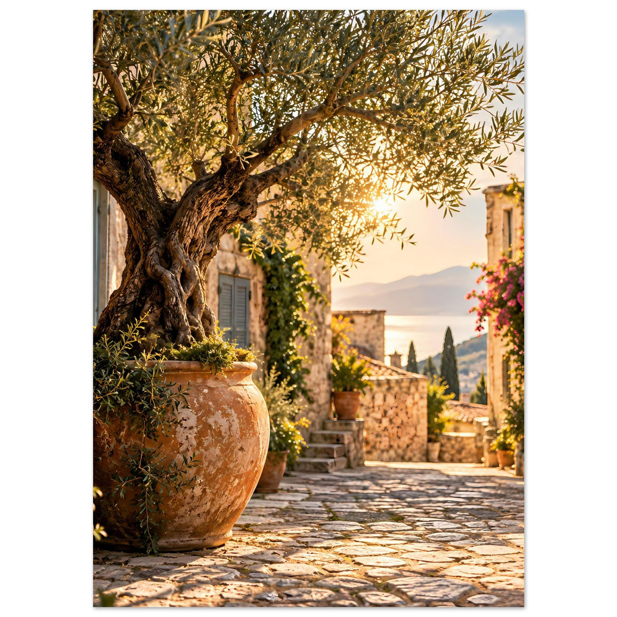 Mediterranes Zierposter mit Olivenbaumzweigen, Terrakotta-Topf und mediterraner Gasse