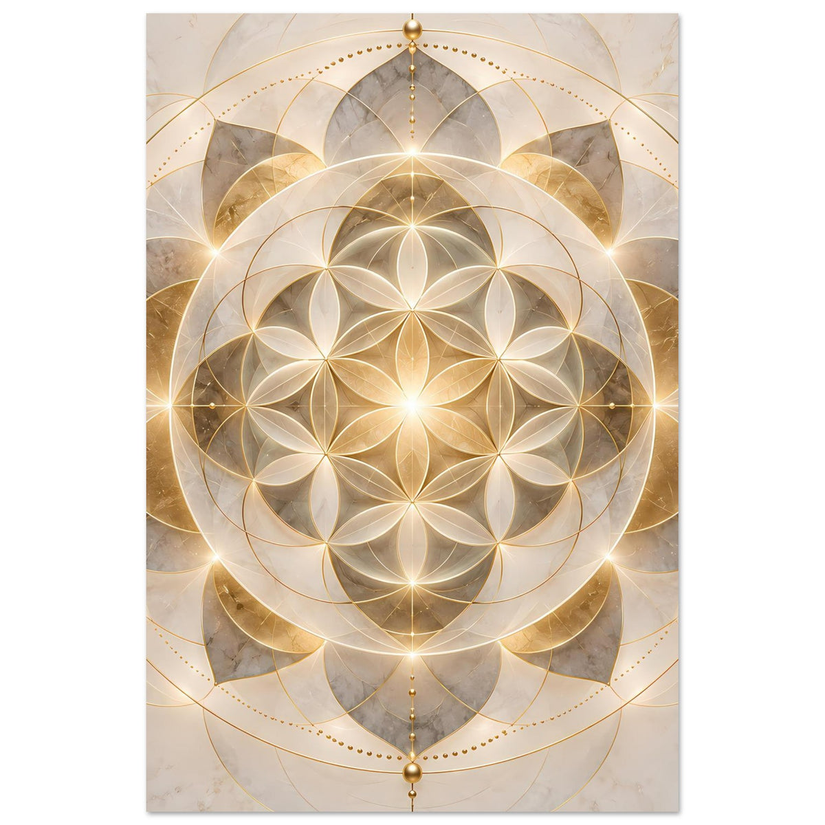 Poster mit goldenem Mandala-Ornament, rundem Blütenmuster und zentralem Leuchten