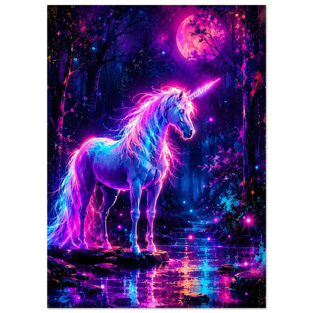 Neon-Einhorn-Poster: leuchtendes Einhorn im Wald, Vollmond im Hintergrund, bunte Effekte
