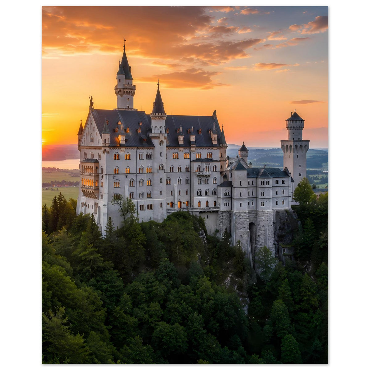 Poster mit Schloss und hohen Türmen, umgeben von dichtem Grün bei Sonnenuntergang
