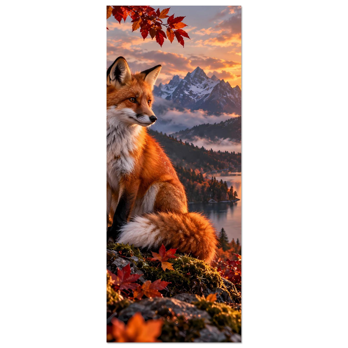 Hochformat-Wandposter: Fuchs mit orange-weißem Fell, seitliche Ansicht, am Fels im Herbst