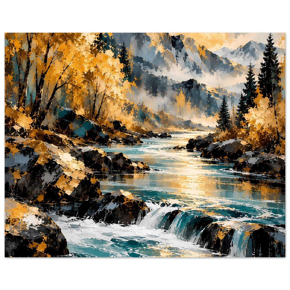 Herbstlandschafts-Poster mit Fluss, Wasserfall, Felsbrocken, goldenen Bäumen und Mond