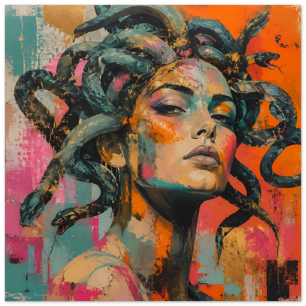 Kunstdruck-Poster: Medusa-Porträt mit mehrfarbigem Schlangenhaar, orange- und pinkfarbene Akzente