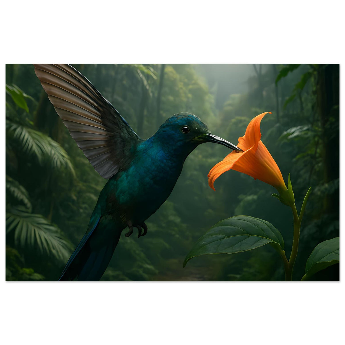 Breites Poster mit Kolibri und orangefarbener Blüte, umgeben von Dschungelpflanzen