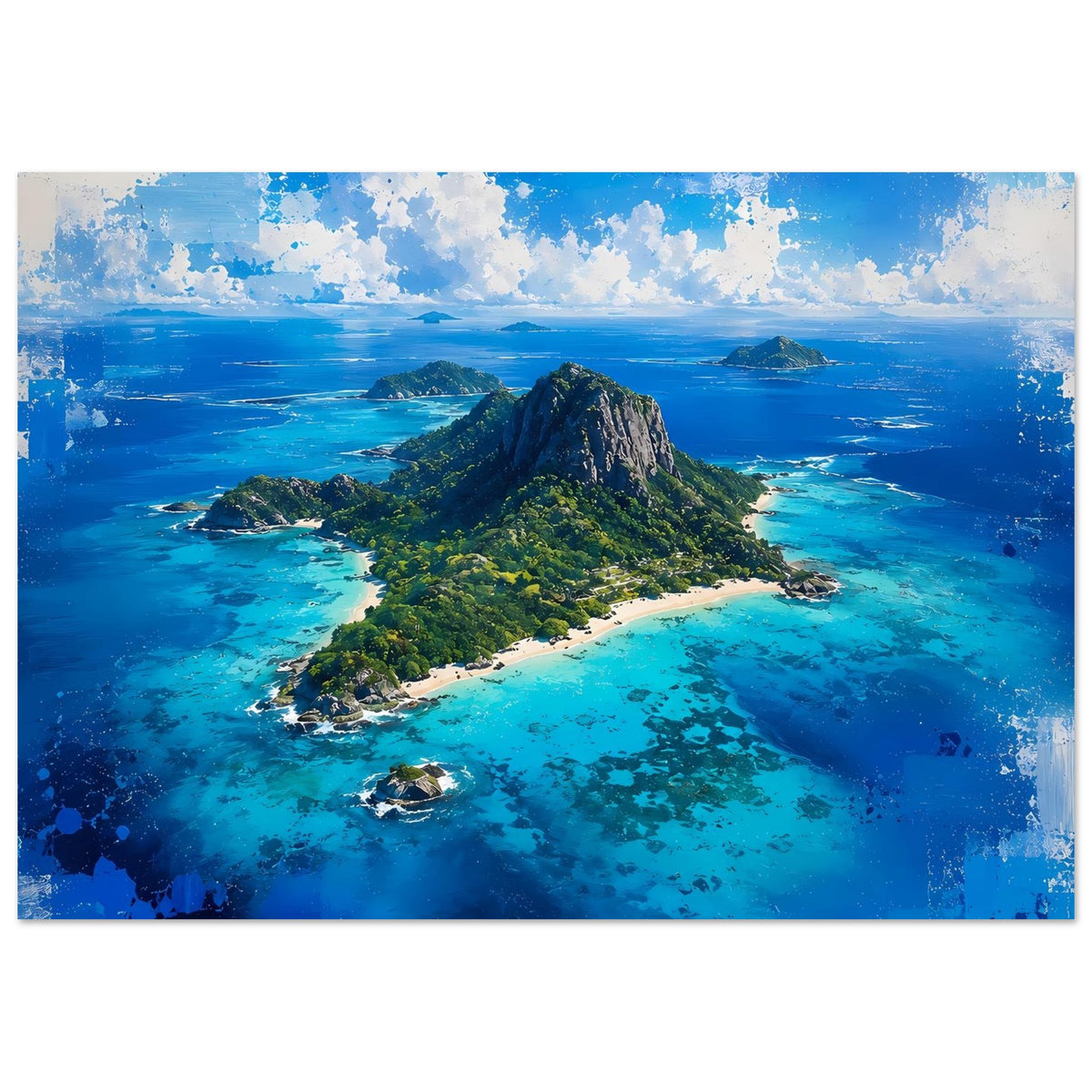 Querformat-Poster: Inselberg mit grüner Vegetation, türkisblauem Meer und Stränden