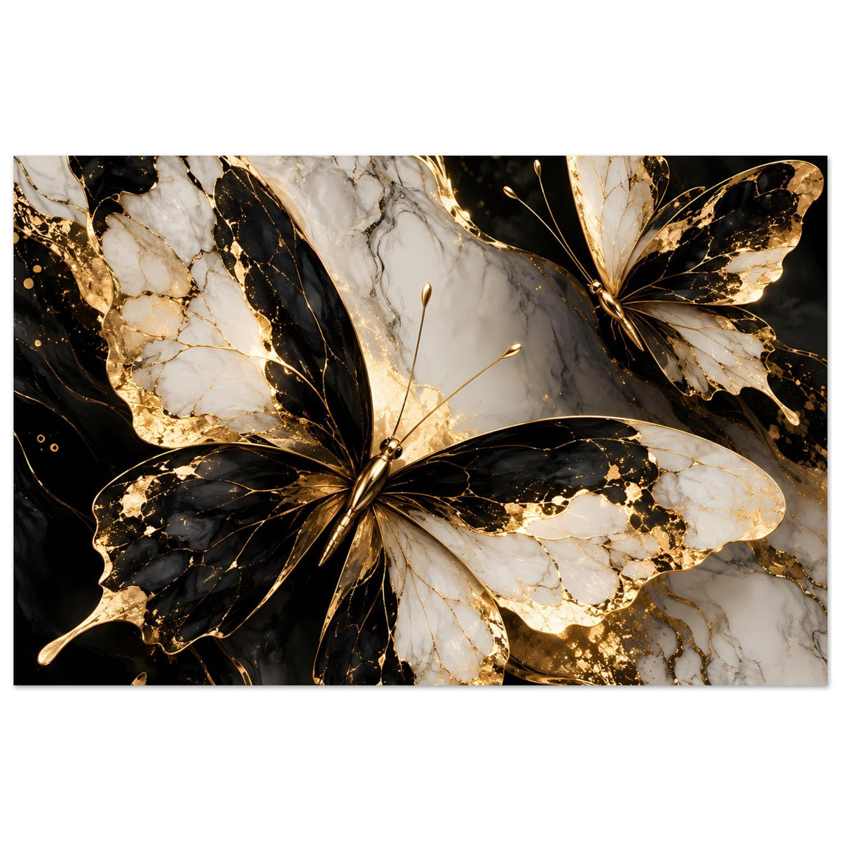 Naturposter mit Schmetterlingen in Schwarz, Gold und Weiß auf Marmormuster