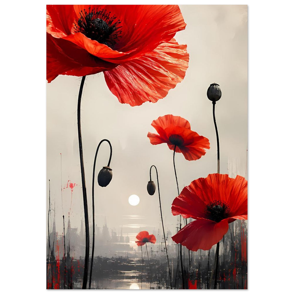 Abstraktes Poster mit roten Mohnblumen, großen Blüten und dunklen Stielen