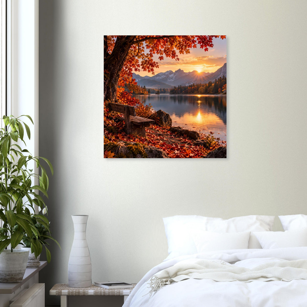 Quadratisches Poster: See bei Sonnenuntergang, Ufer mit rotem Laub und Steg
