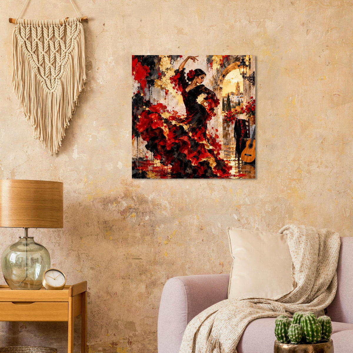 Poster mit Flamenco-Tänzerin in Rot und Schwarz, dekorativer Malstil, Gitarre im Bild