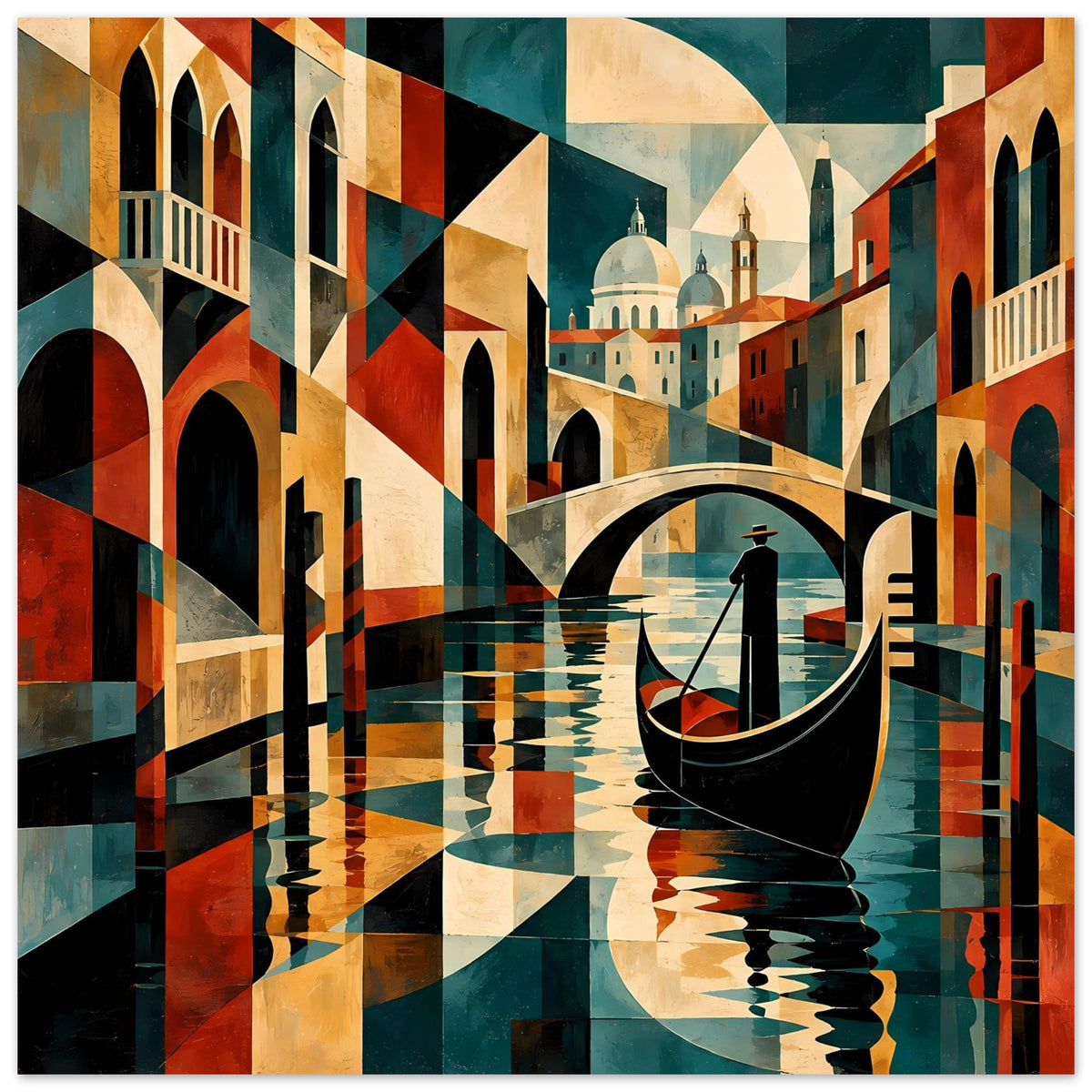 Kunstdruck-Poster mit geometrischem Venedig-Kanal, Gondel im Vordergrund, Häuser und Brücke.