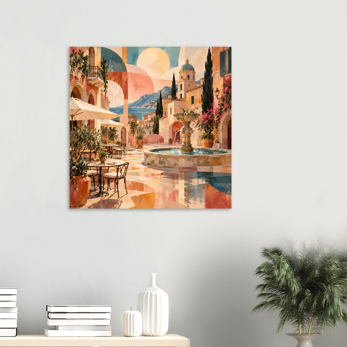 Quadratisches Poster mit mediterranem Innenhof, Brunnenbecken und warmen Pastellfarben