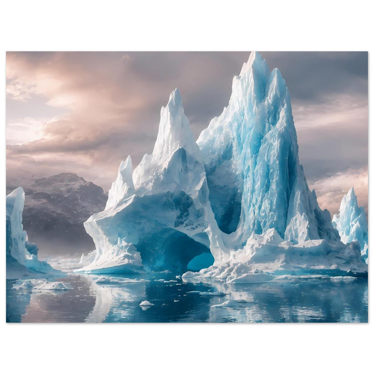 Poster mit dramatischem Eisbergpanorama, hellen Eiskanten und blauem Schmelzwasser