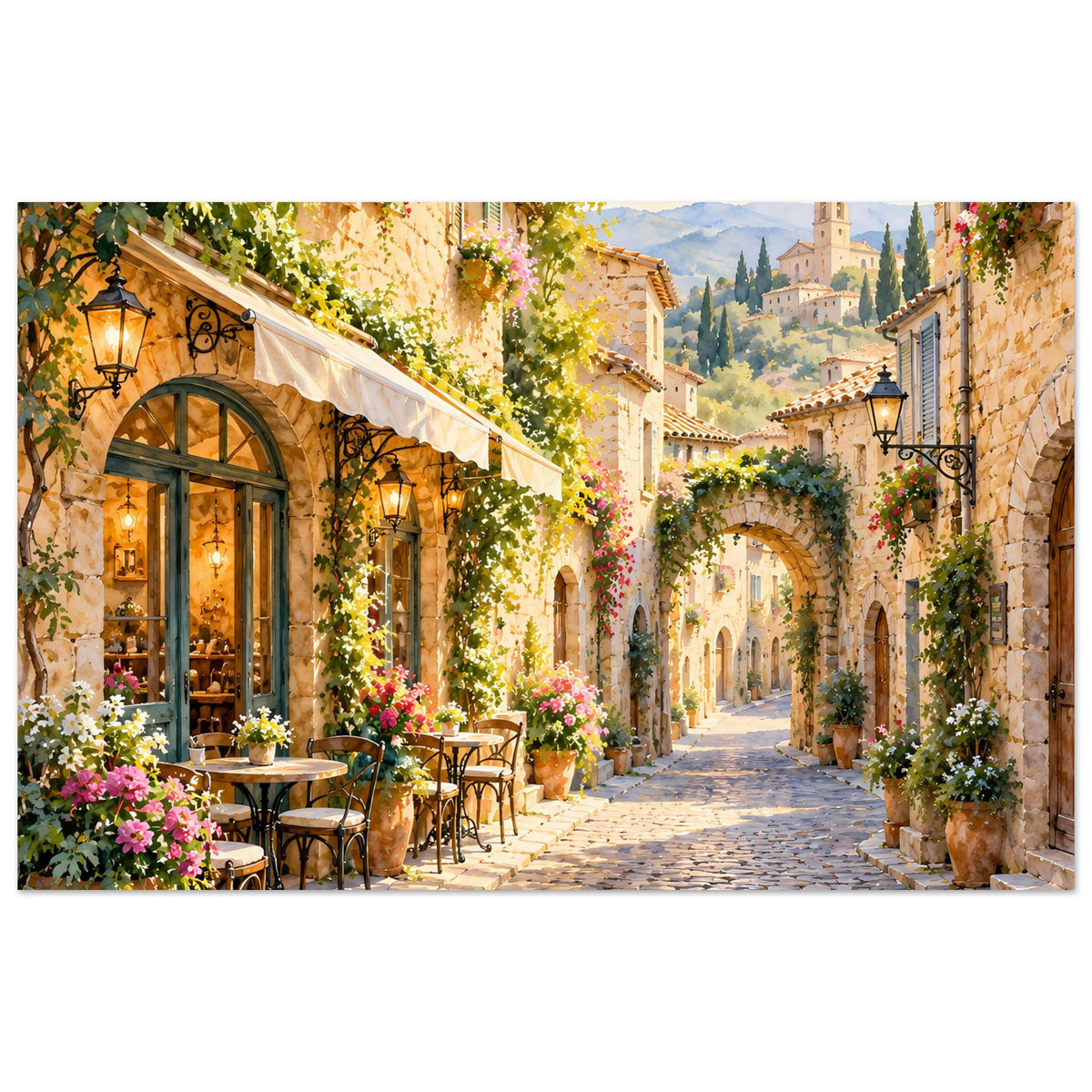 Poster mit mediterraner Dorfstraße, Steinbogen und blühenden Blumen