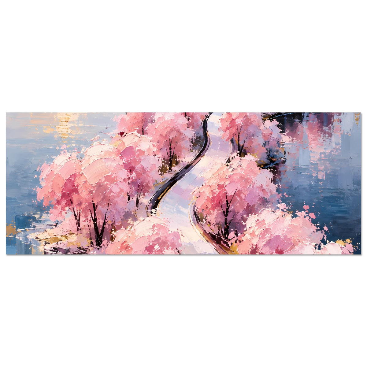 Horizontales Wandposter mit rosa Blütenbäumen, geschwungenem Pfad und Wasser im Hintergrund