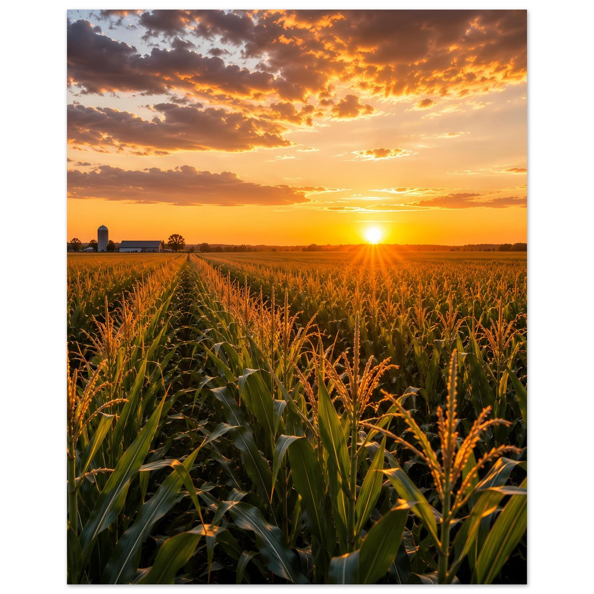 Premium-mattes Poster, Hochformat: Maisfeld mit Sonnenaufgang und warmem Wolkenhimmel