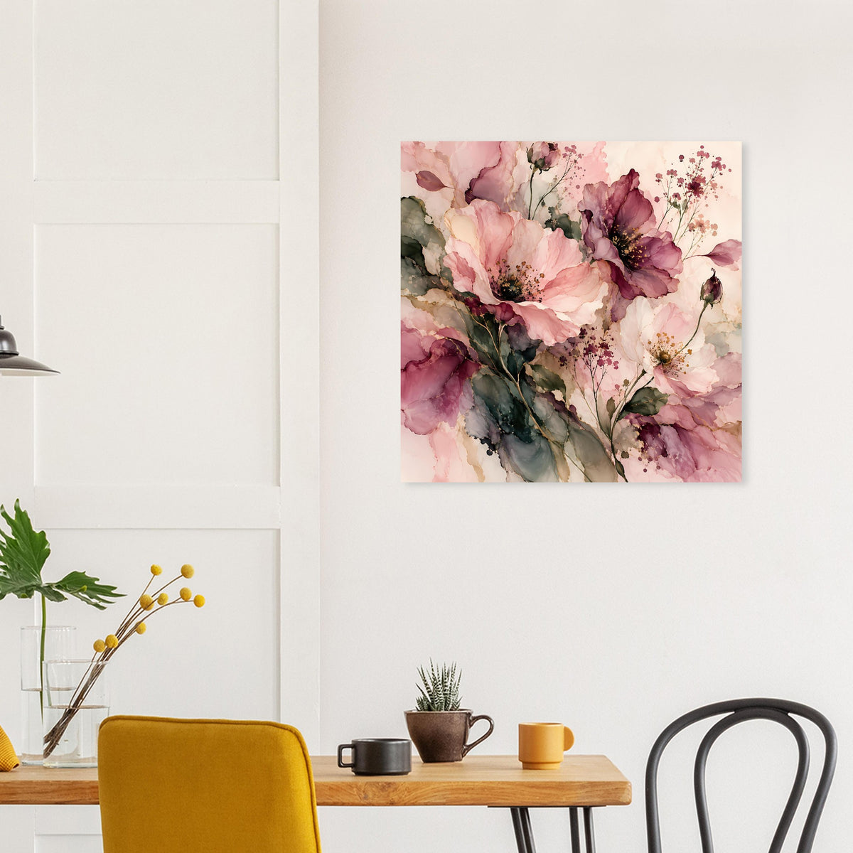 Blumenposter mit rosa Blüten, burgunderroten Akzenten, grünen Blättern und Sprenkeln