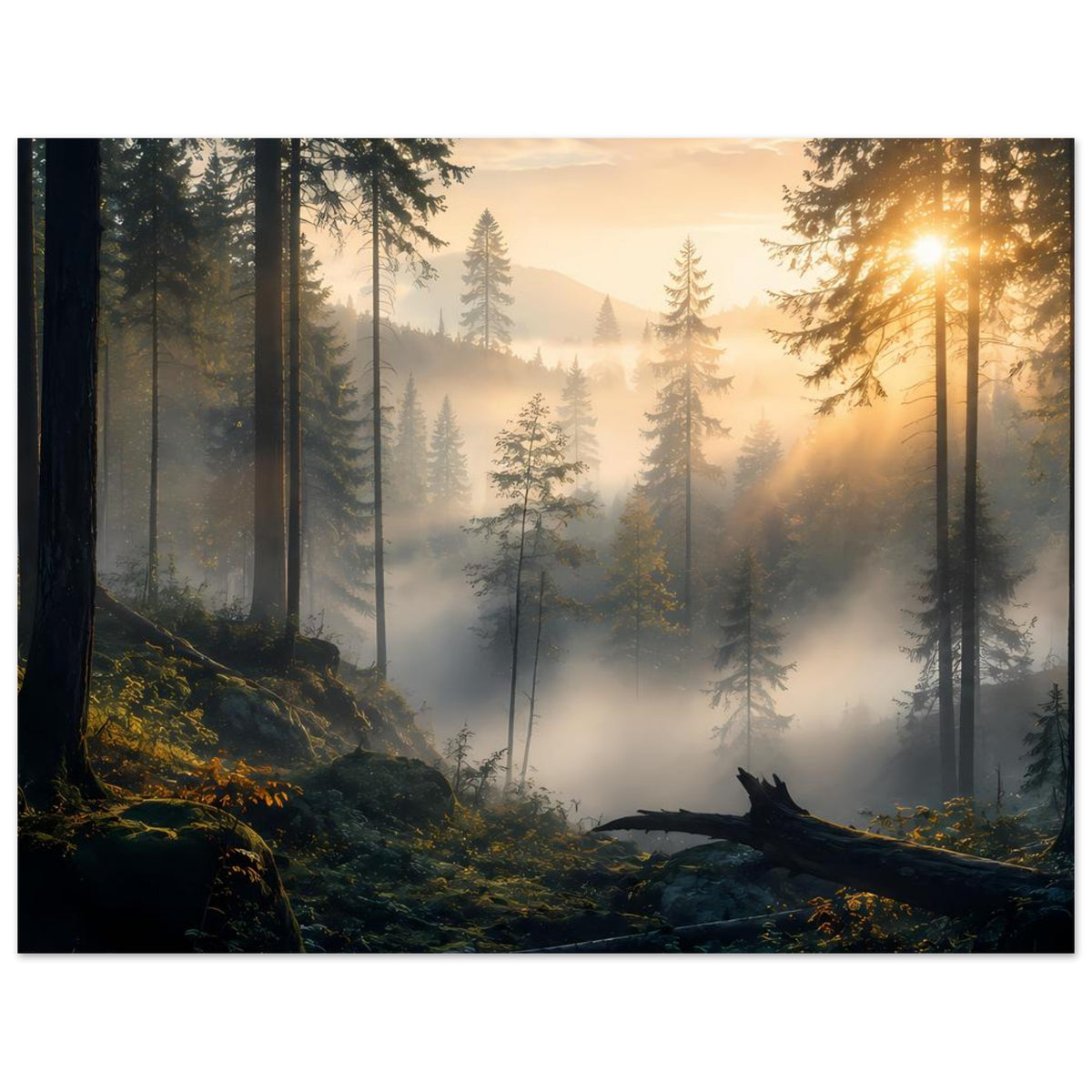 Wandposter Wald bei Sonnenaufgang mit Sonnenstrahlen, Kiefern, Nebel und Baumstamm, horizontal