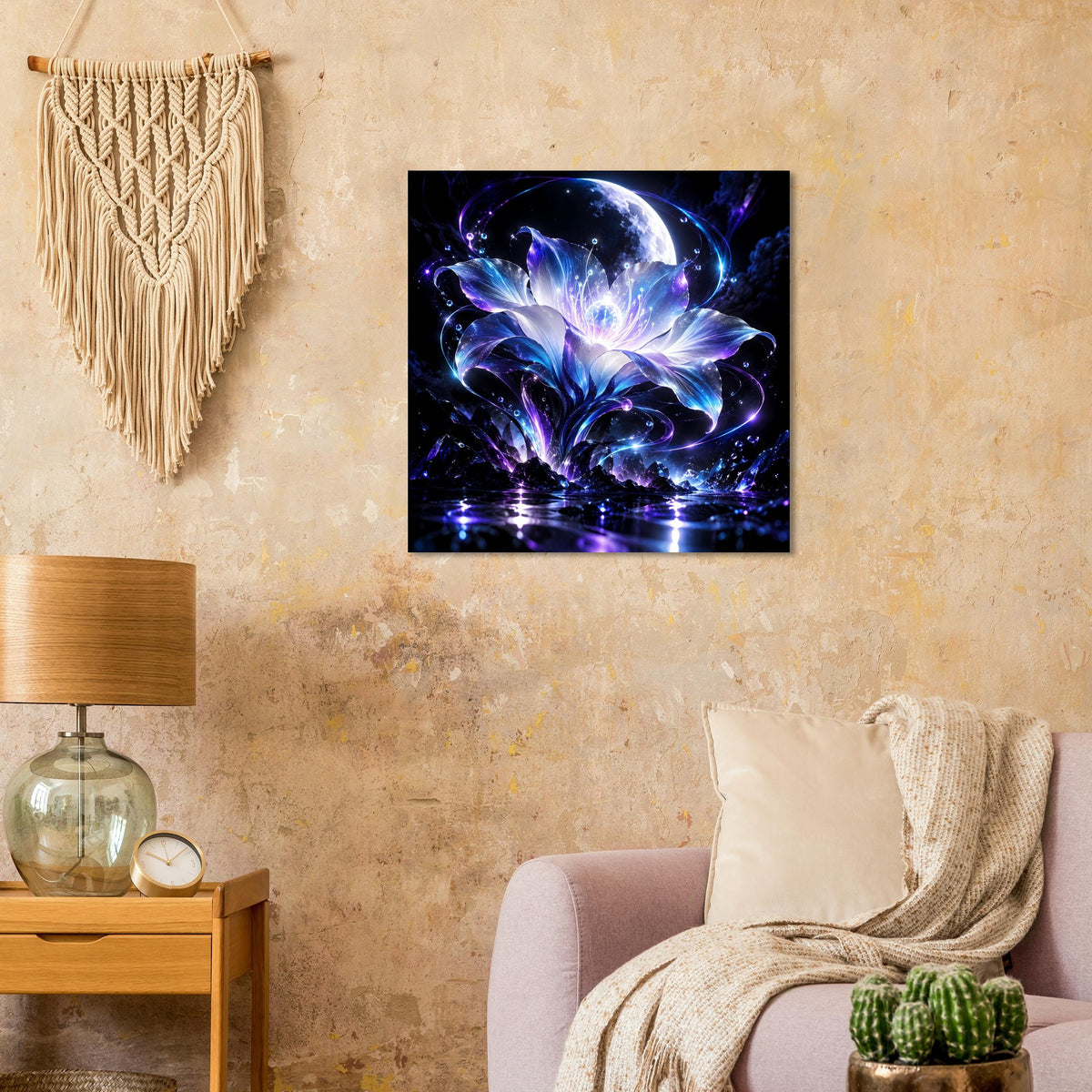 Poster mit leuchtender Fantasy-Blüte in Blau/Violett und planetarem Mondmotiv