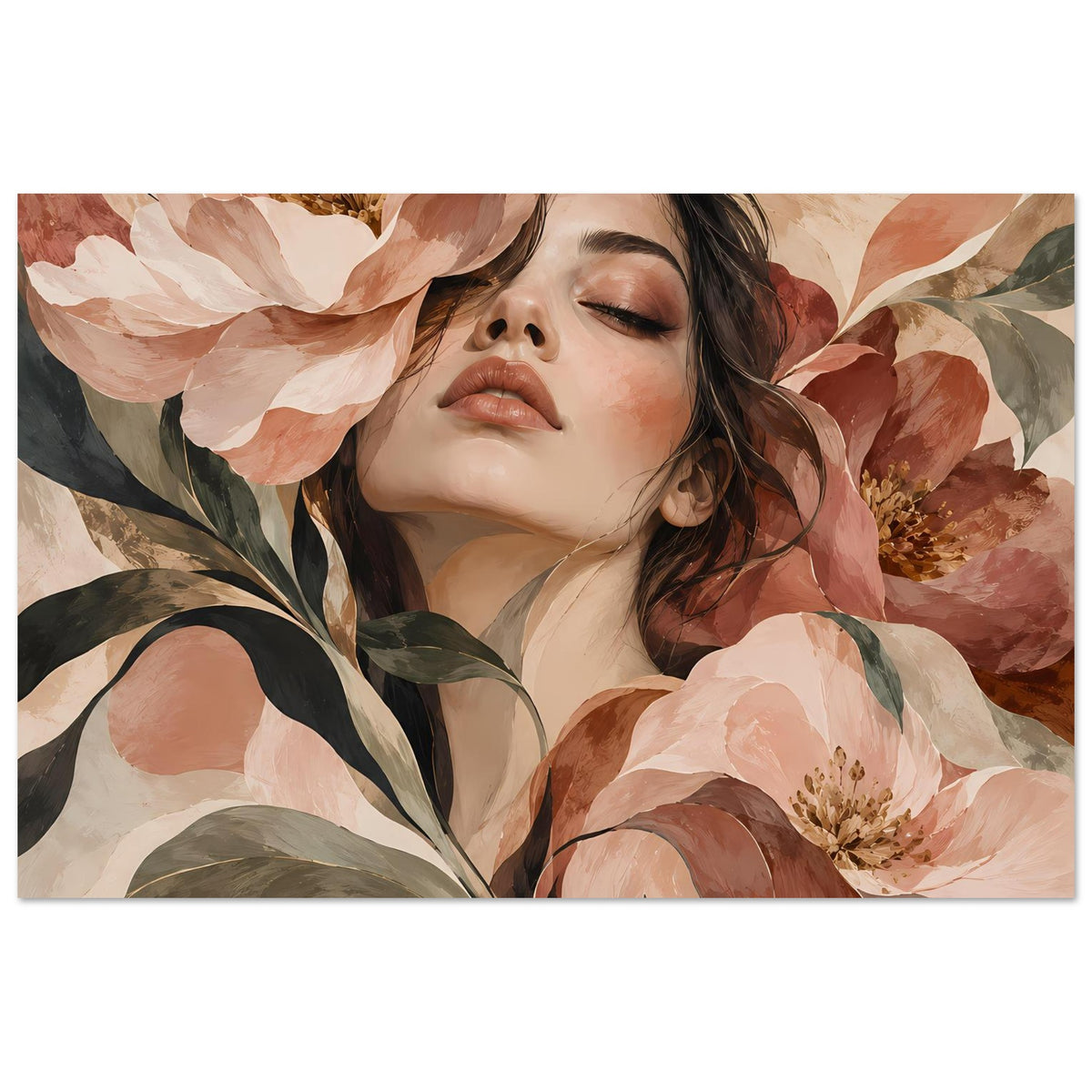 Blumenposter mit Gesicht einer Frau und Blütenzweigen, warme Rosa- und Grüntöne, quer