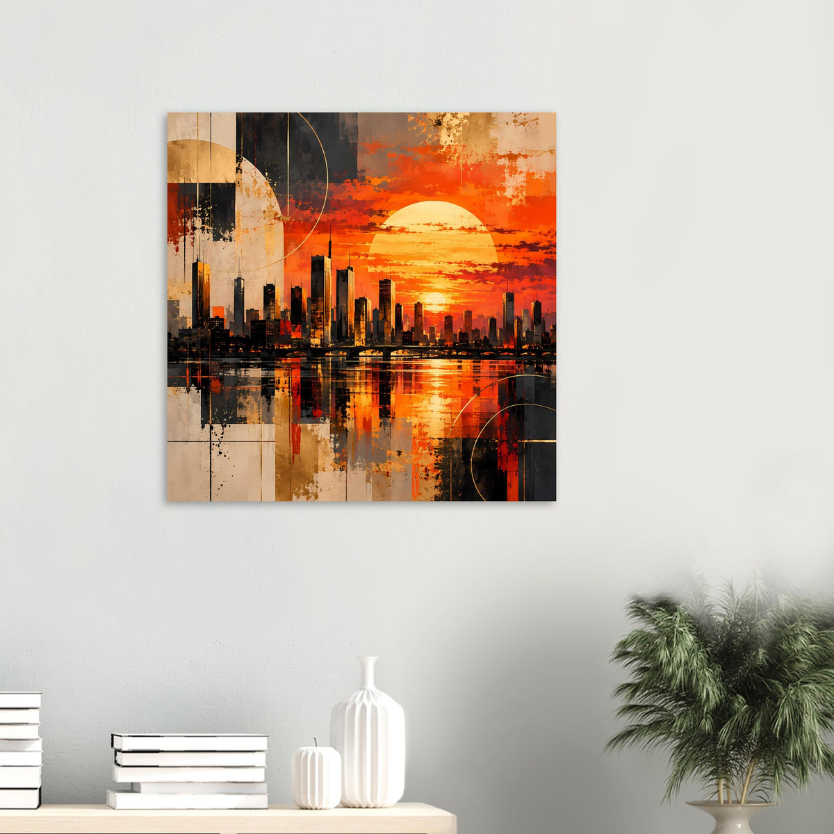 Kleines Poster mit Stadtsilhouette, orangefarbenem Himmel, Sonnenhalbkreis und Spiegelung