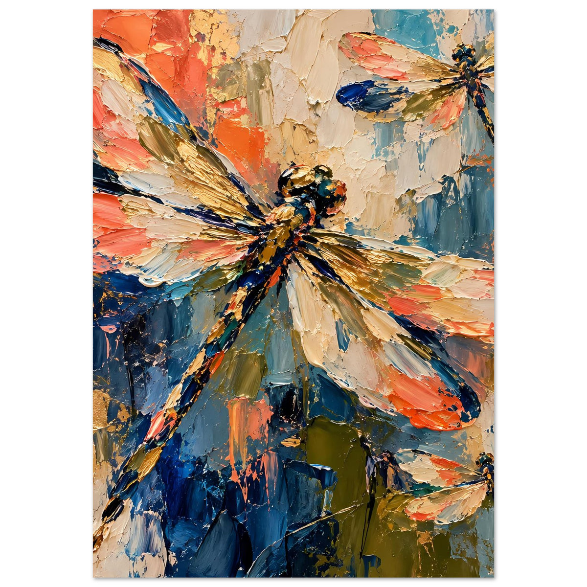 Hochformat-Poster mit abstrakten Libellenflügeln, kräftige Farben in Blau und Orange