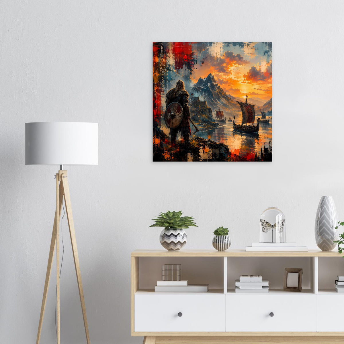 Quadratisches Poster mit Wikingerkrieger, Langboot und Abendhimmel, abstrakte Farbflecken
