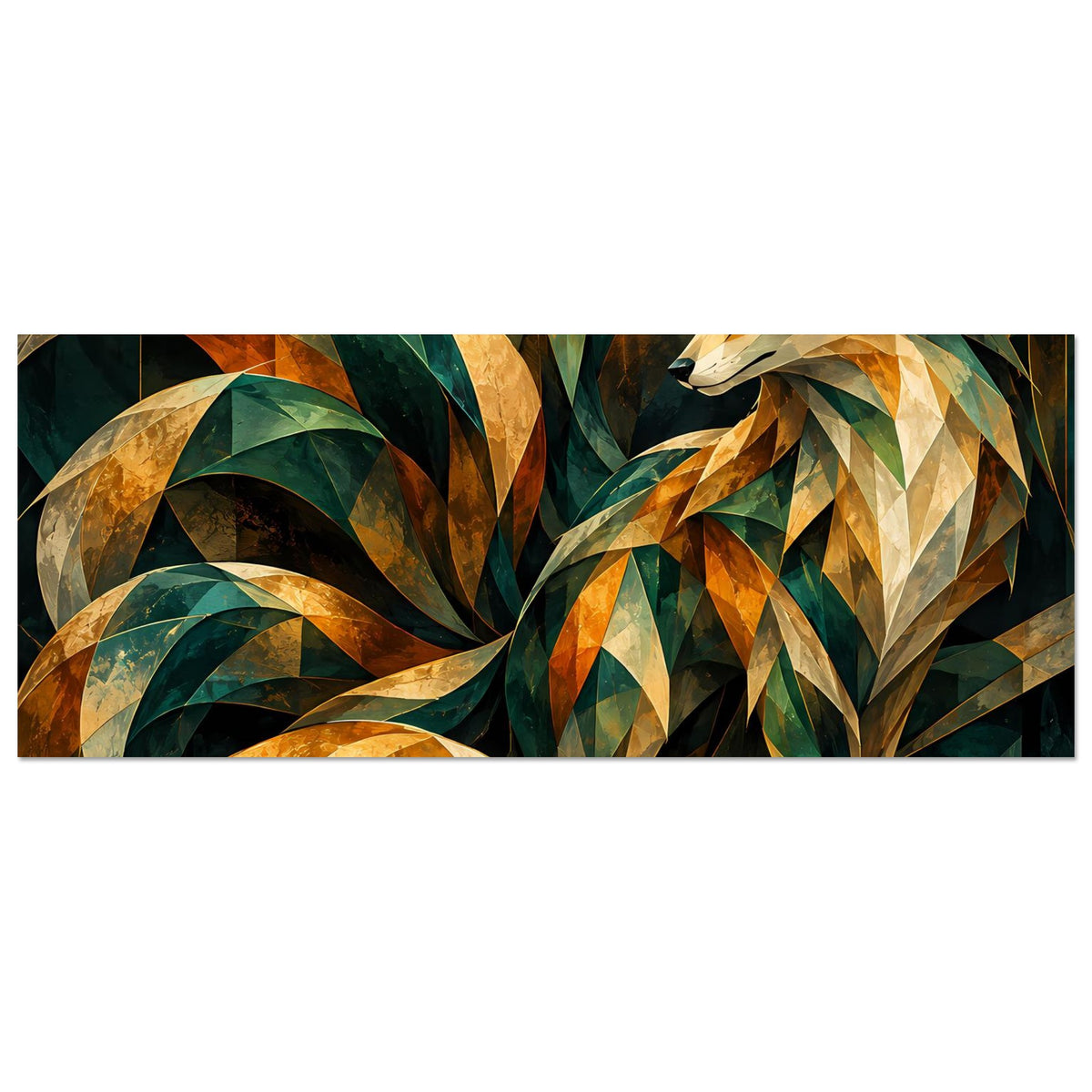 Horizontales Kunstposter: Fuchsaugen und Prisma-Muster in Gold-, Grün- und Beigetönen.