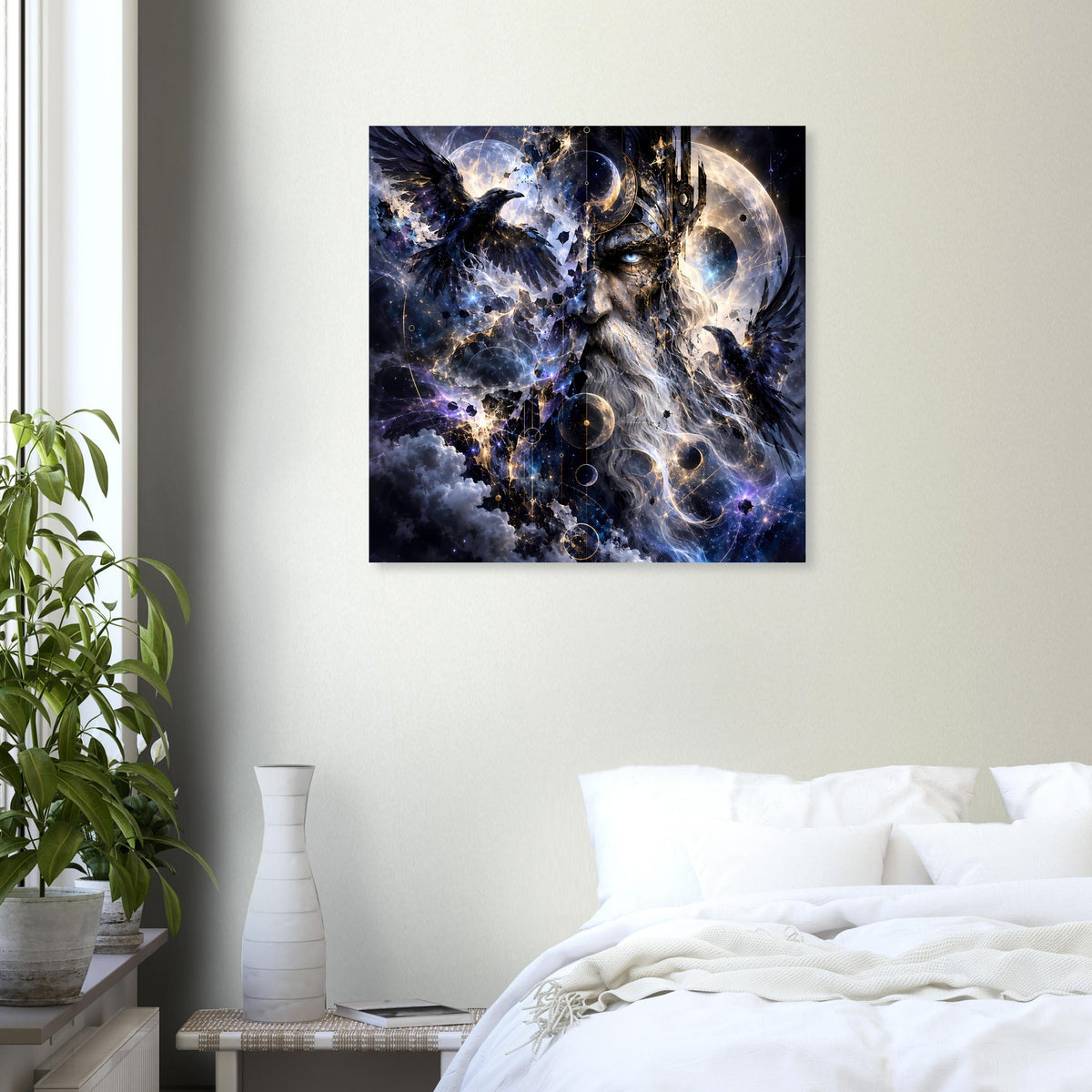 Fantasy-Poster mit Rabe und leuchtenden Sternen, mondartigem Gesicht im Blau