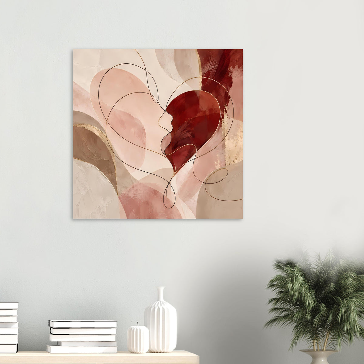 Kleines Wandposter mit abstraktem rotem Herz, beige Rosetöne und Kreisbögen