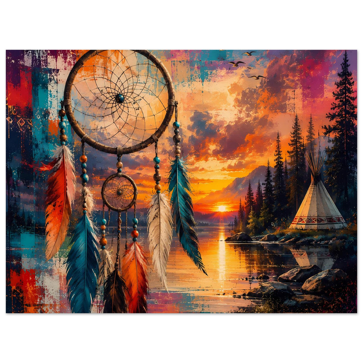 Boho-Poster mit Traumfänger, bunten Federn, Tipi im Vordergrund und See im Abendlicht