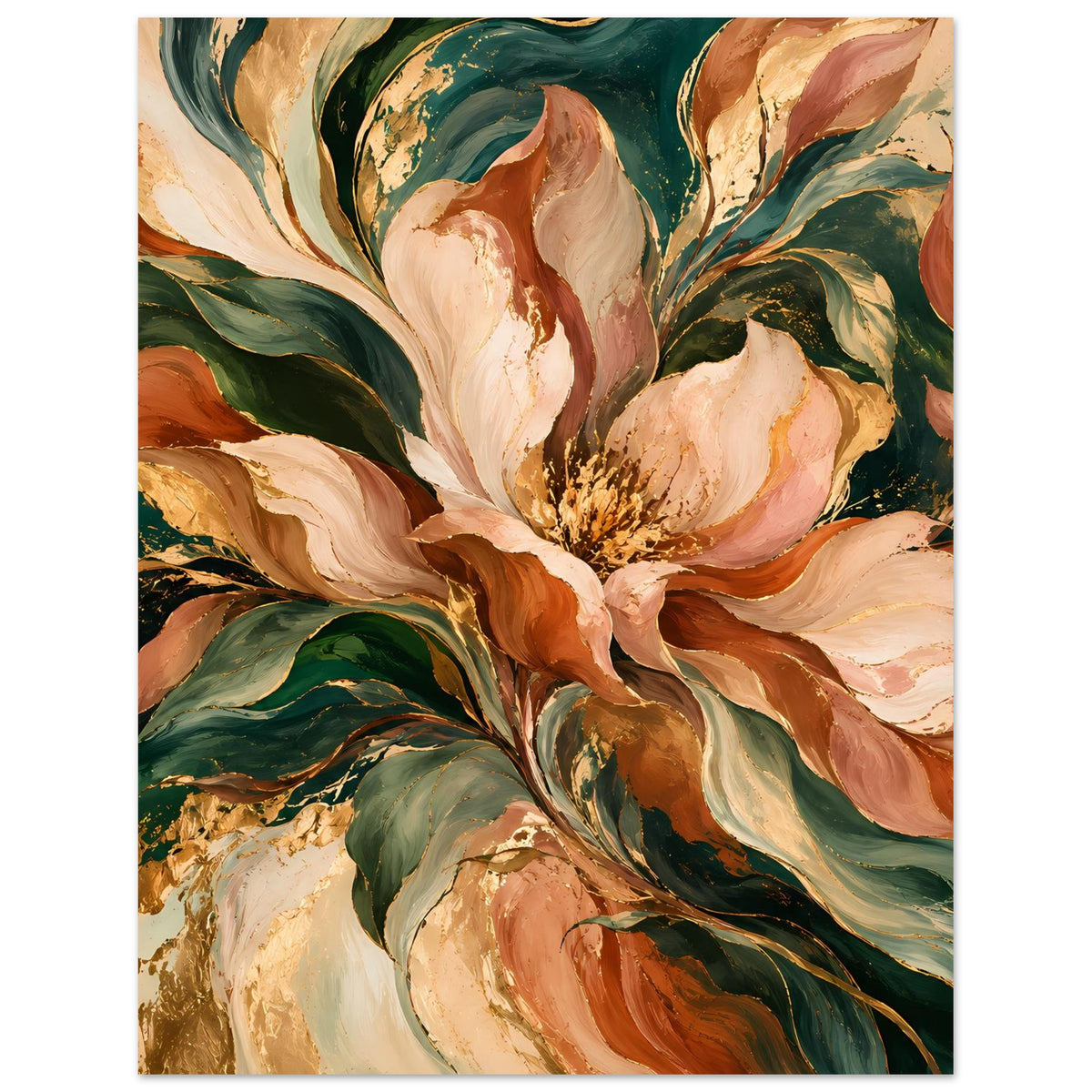 Blumenposter im Hochformat, Nahansicht der Blüten mit Grün- und Rostbraun-Akzenten