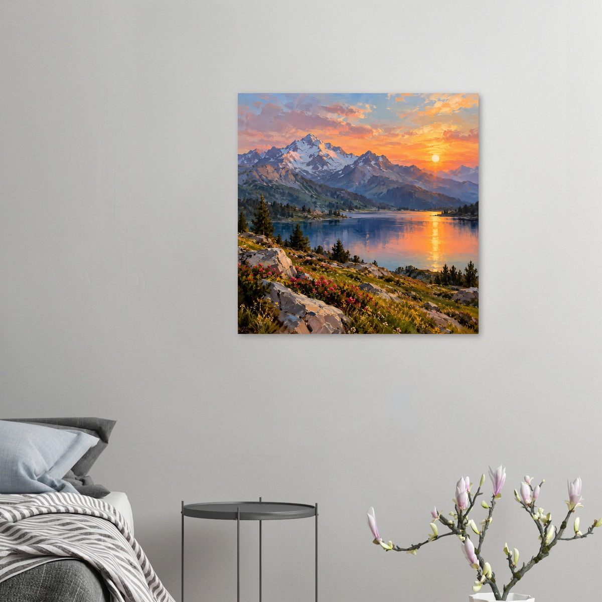 Wandposter (klein) im Querformat: Berge und See bei Sonnenuntergang, goldene Spiegelung