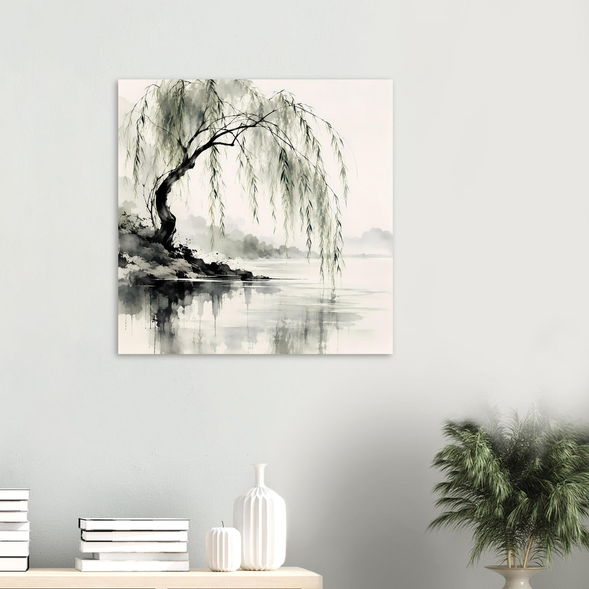 Naturposter mit Weidenbaum, hängenden Zweigen und Spiegelung im Wasser, Grau-Grün