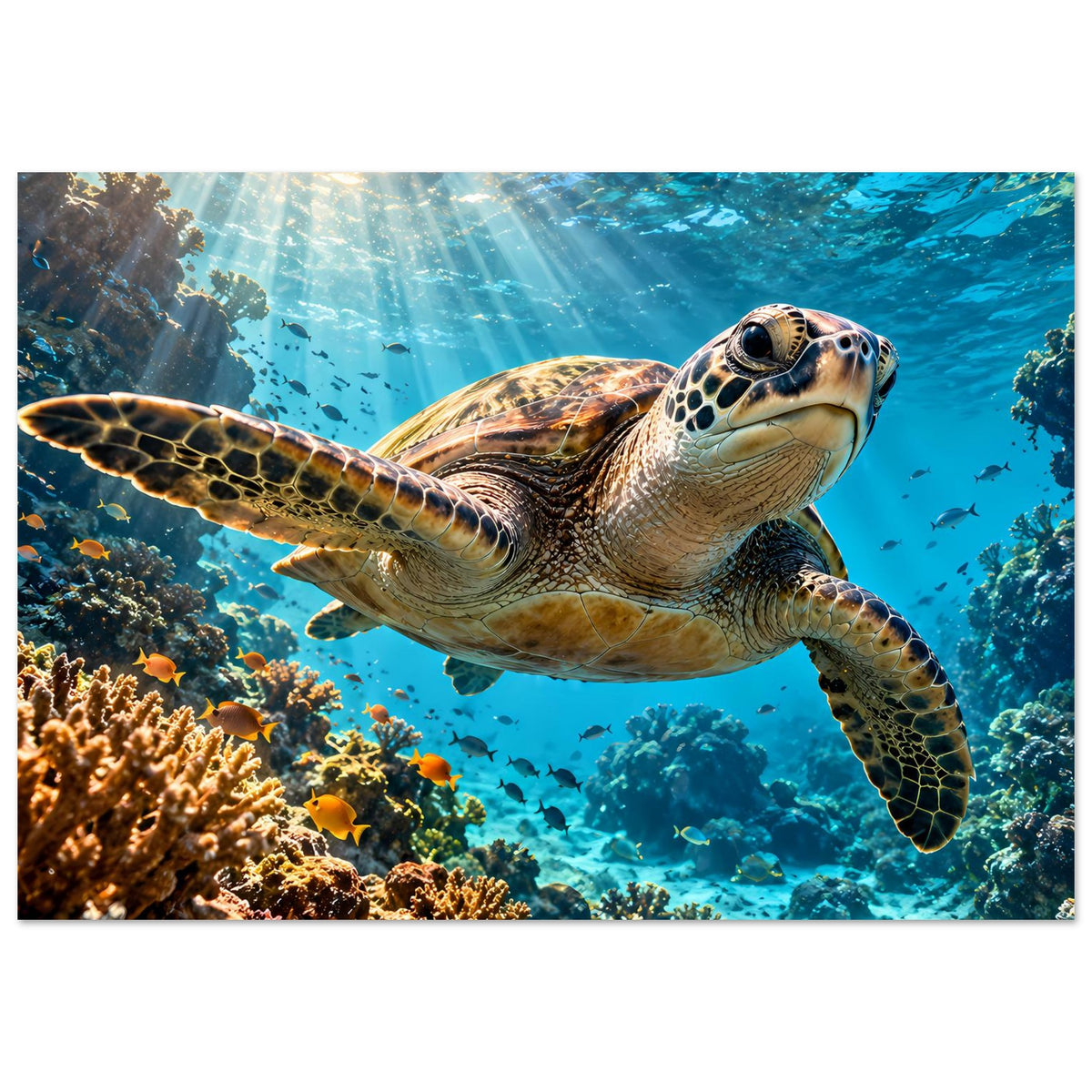 Unterwasser-Schildkrötenposter im Querformat: Meeresschildkröte über Korallenriff im blauen Wasser