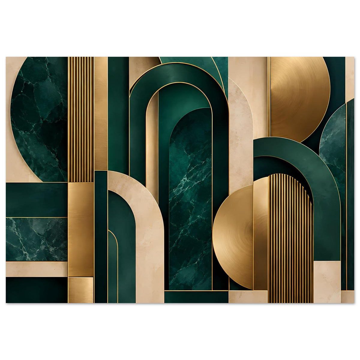 Art-Deco-Poster mit goldenen und dunkelgrünen geometrischen Bögen und Säulen-Design
