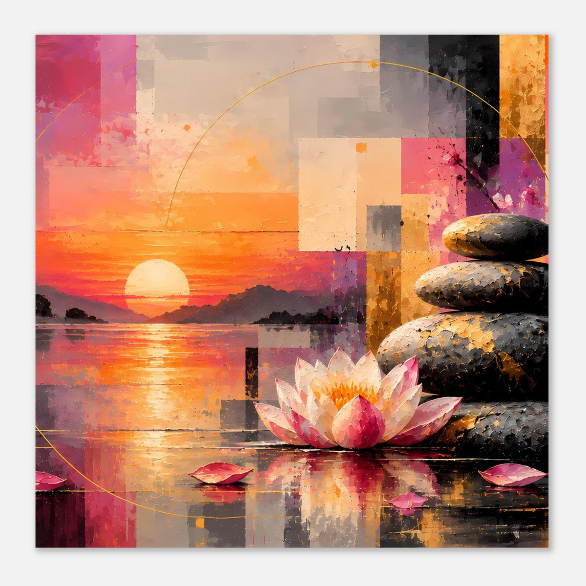 Zen-Poster: quadratischer Bildausschnitt mit Sonnenuntergang, Lotus und Steinen