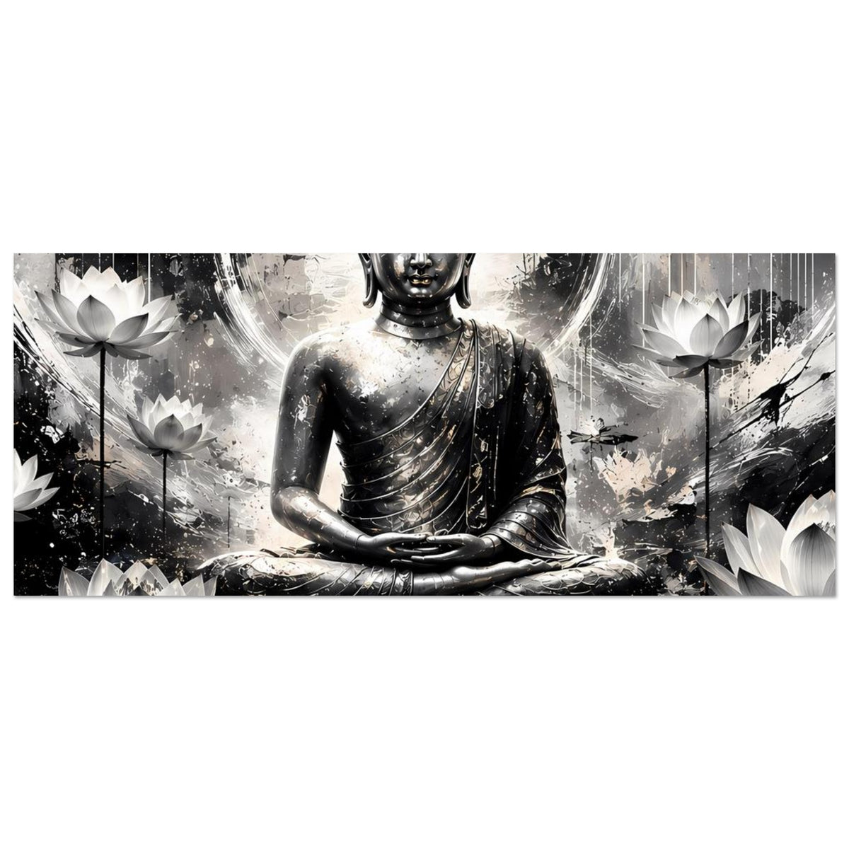 Buddha-Kunstposter horizontal in Schwarzweiß, sitzende Figur und Lotusblüten