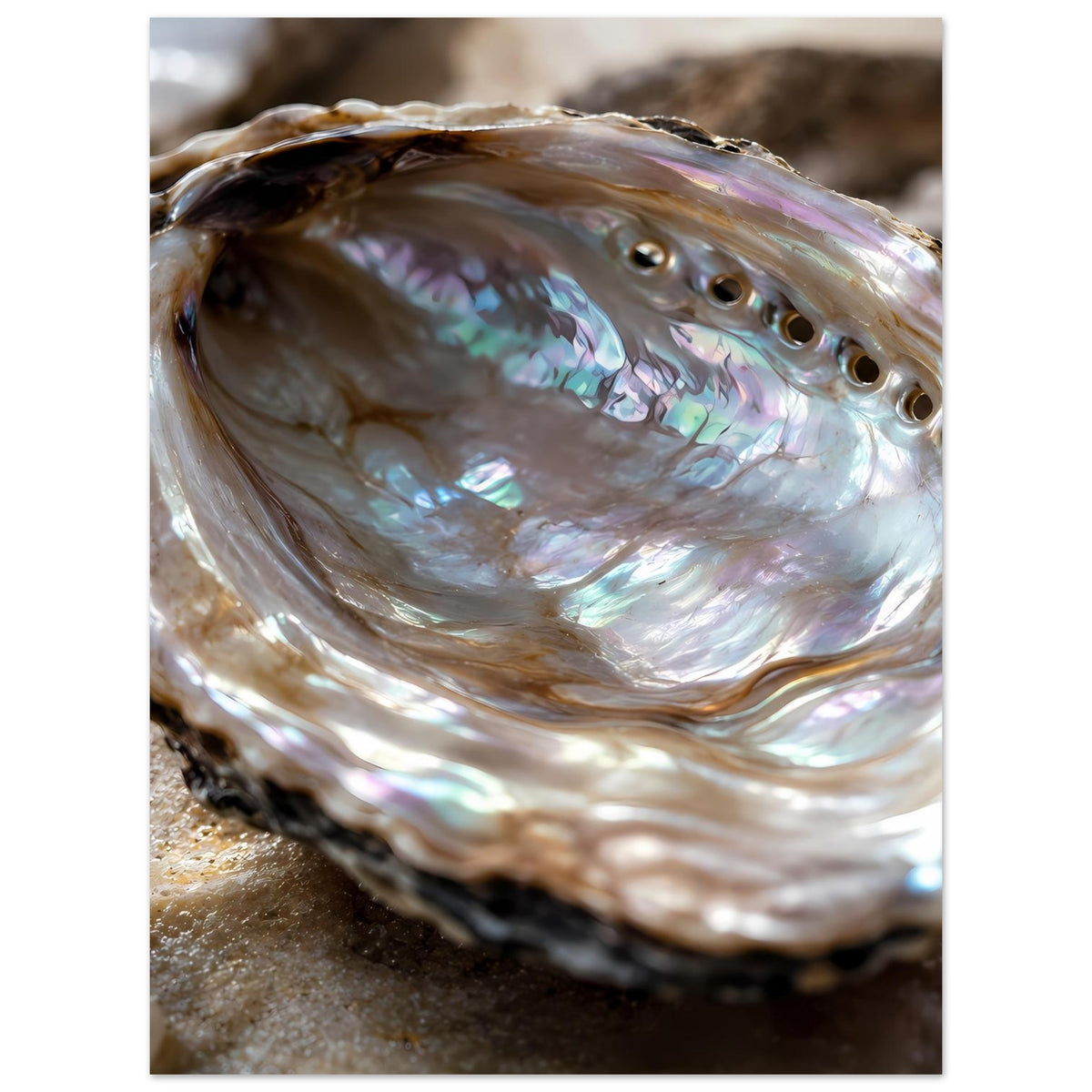 Poster mit Abalone-Muschel, schimmernde weiße Schale mit Regenbogen-Reflexen und Riefen