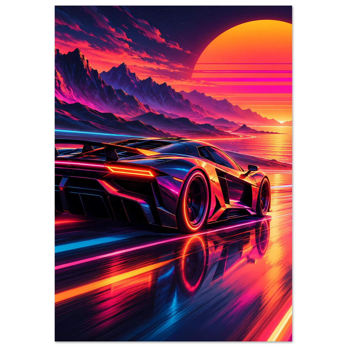 Verticales Supercar-Poster mit Frontpartie und reflektierender Fahrbahn, leuchtende Farben