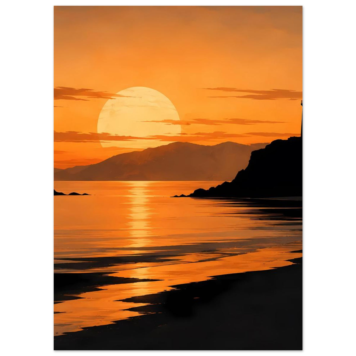 Küstenposter im Querformat: Sonnenuntergang, ruhiges Meer und dunkler Küstenhang