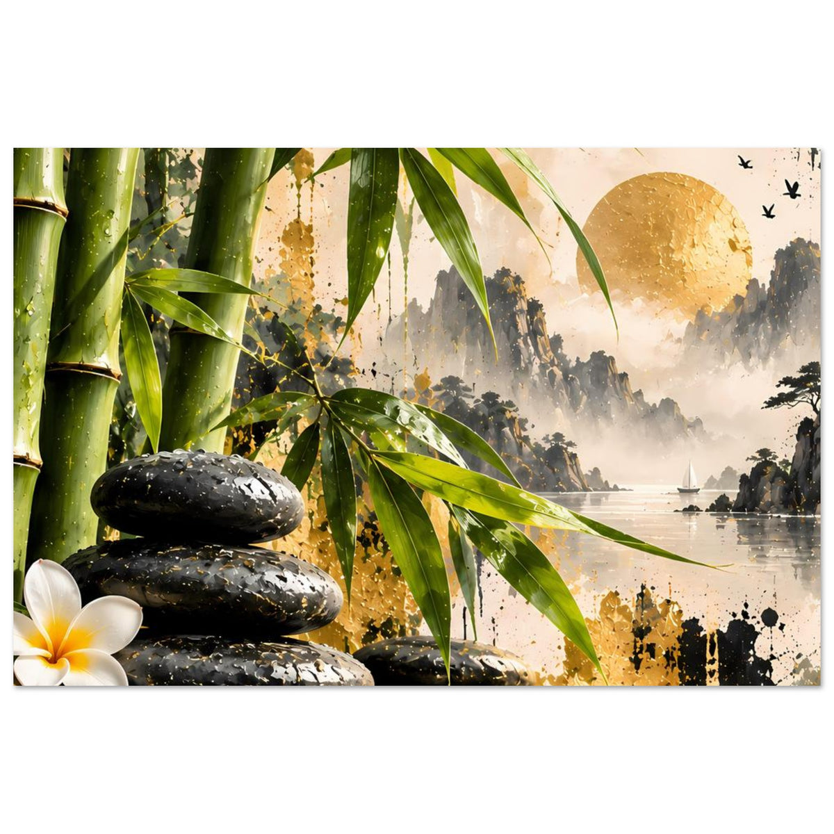 Zen-Bambus-Harmonie-Poster: Bambus links, schwarze Steine, goldene Sonne, ruhige Wasserfläche